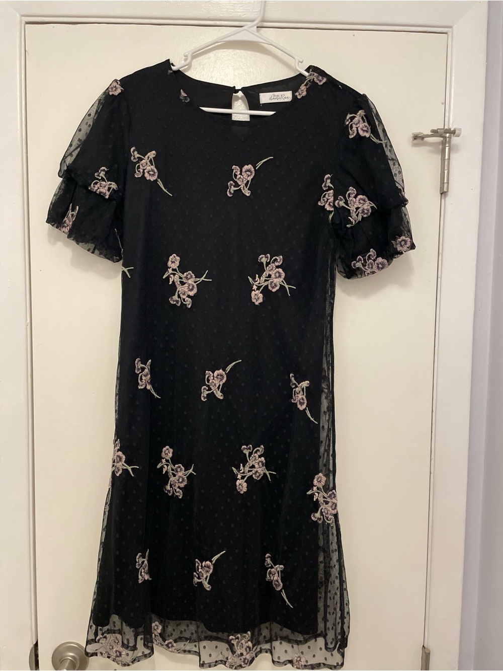 Ava & Viv Black Mesh Midi Dress with Pink Floral Embroidery